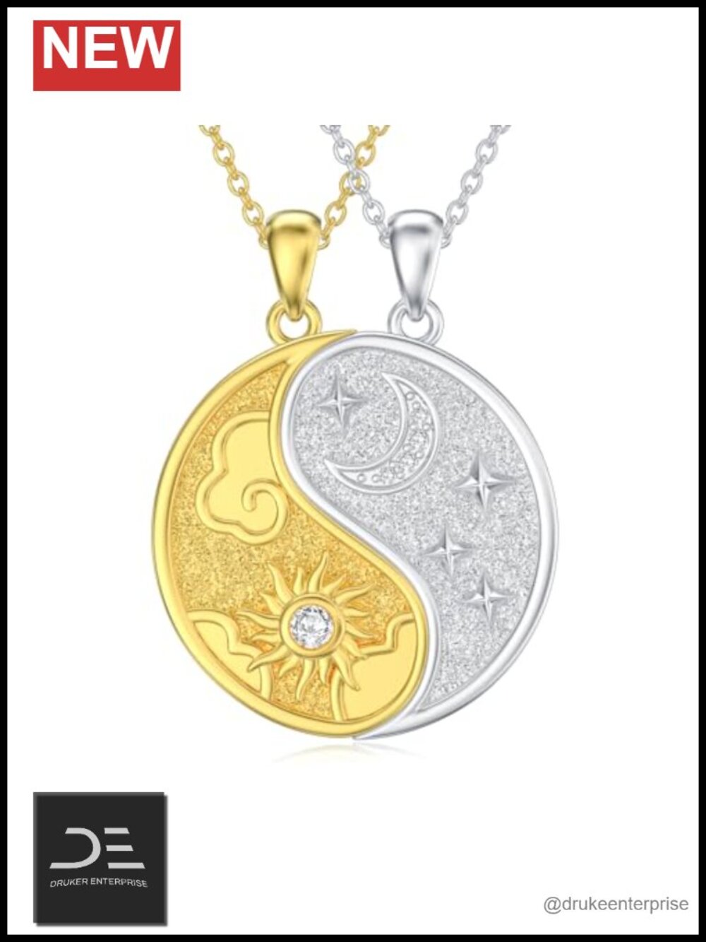 Sterling Silver Yin Yang Sun Moon Necklace, 0.088ctw Lab Grown Diamond Couple